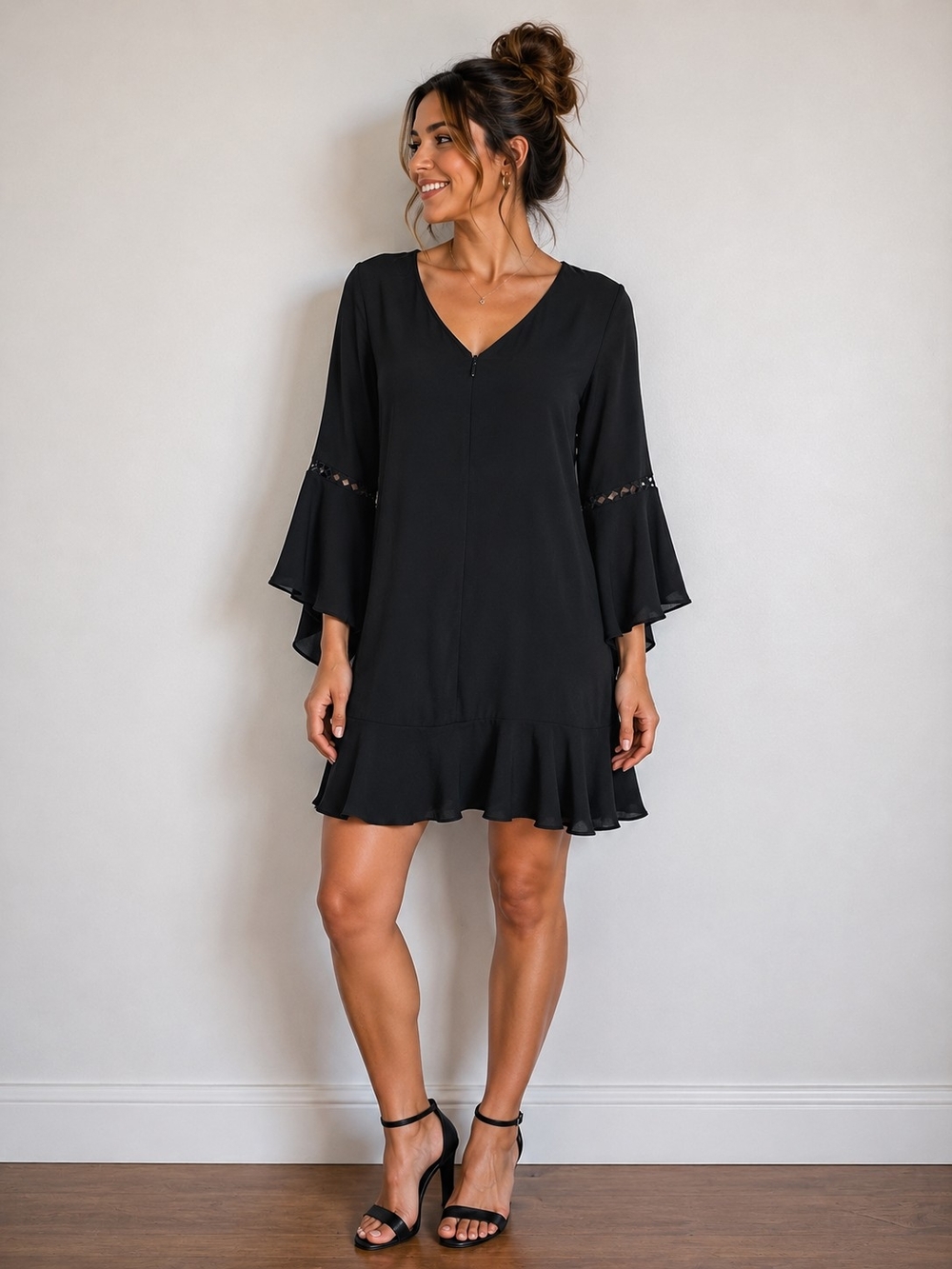 White House Black Market Black Tunic Dress Bell Sleeve